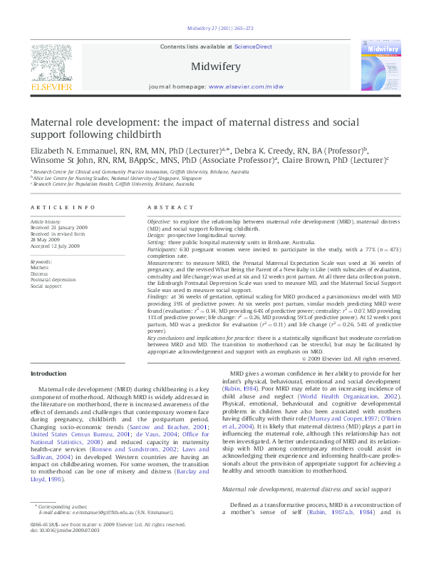 (PDF) Influence of Maternal Distress and Support on Role Development