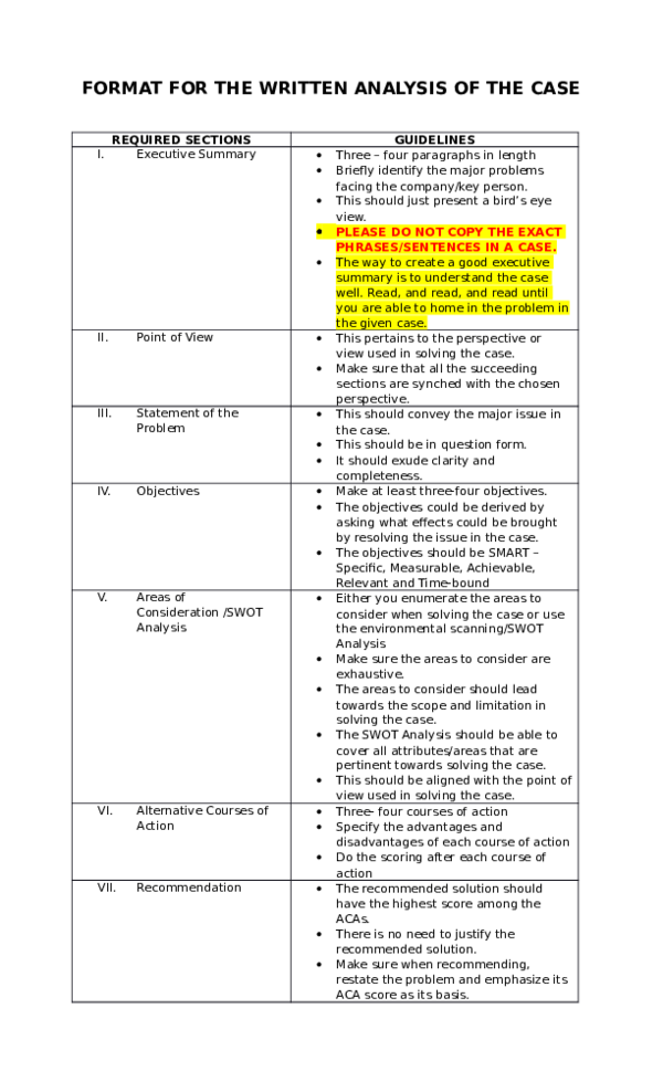 (DOC) FORMAT FOR THE WRITTEN ANALYSIS OF THE CASE