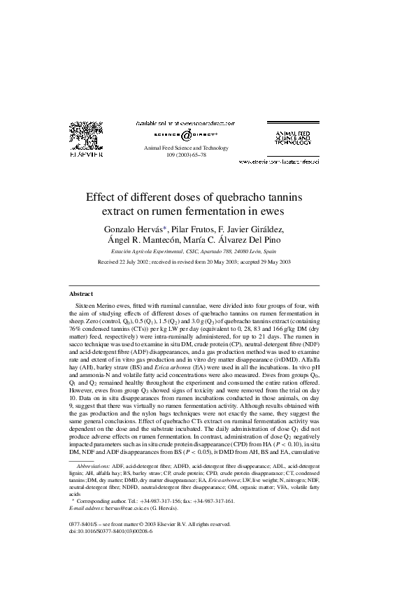 (PDF) Effect of different doses of quebracho tannins extract on rumen ...
