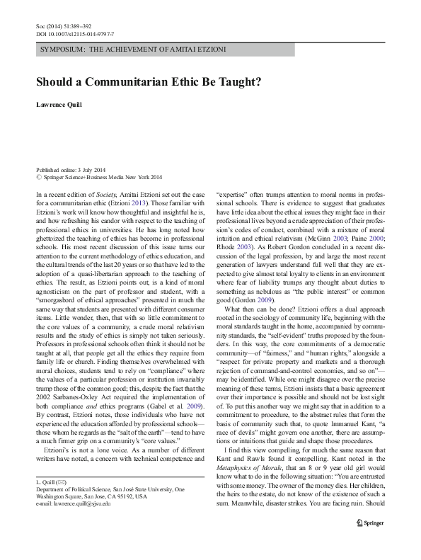 (PDF) Should a Communitarian Ethic Be Taught? Lawrence Quill