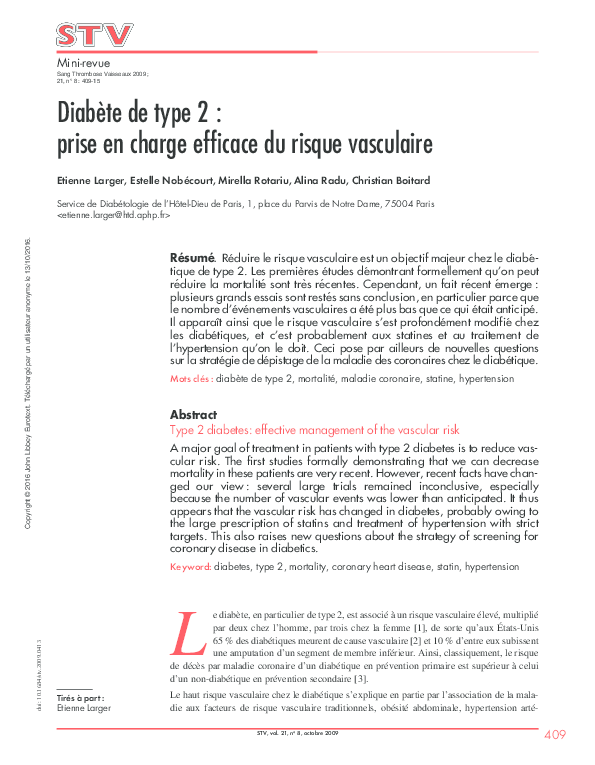 (PDF) Diabète de type 2 : prise en charge efficace du risque vasculaire