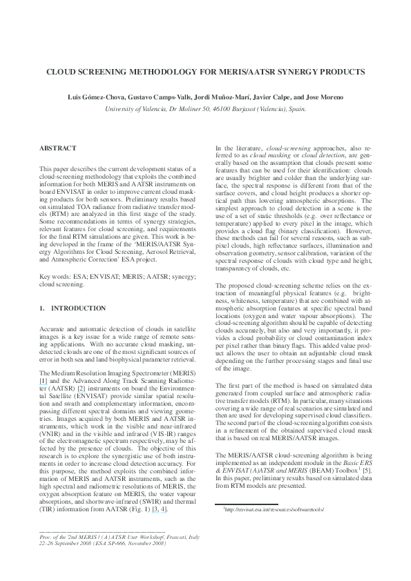 (PDF) Cloud screening methodology for MERIS/AATSR synergy products