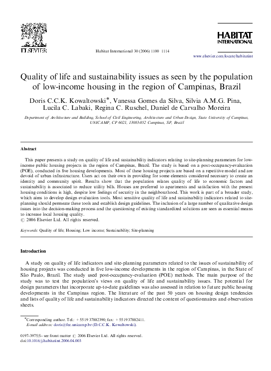 Pdf) Quality Of Life And Sustainability Issues As Seen By The Population Of  Low-Income Housing In The Region Of Campinas, Brazil | Regina Coeli  Ruschel, Vanessa Gomes Da Silva, Lucila Chebel Labaki,