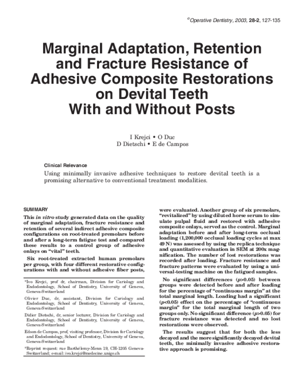 (PDF) Marginal adaptation, retention and fracture resistance of