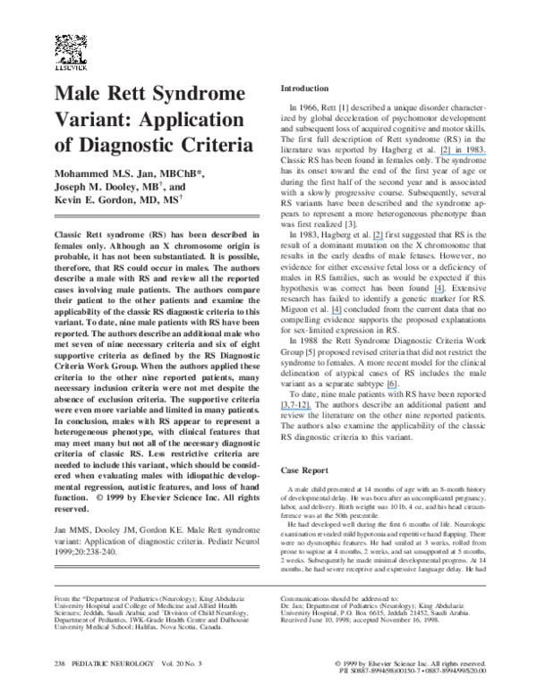(PDF) Male Rett syndrome variant: application of diagnostic criteria