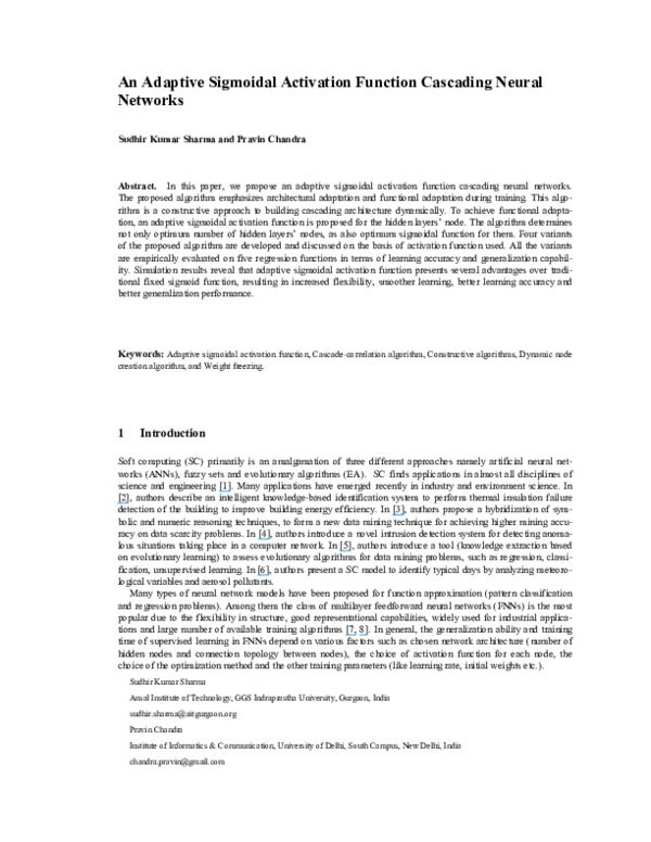 (PDF) An Adaptive Sigmoidal Activation Function Cascading Neural Networks