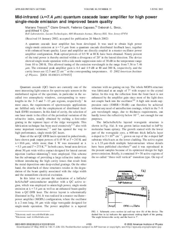 (PDF) Mid-infrared (lambda~7.4 mum) quantum cascade laser amplifier for ...