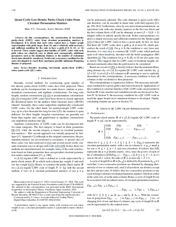 (PDF) A new Quasi-Cyclic low density parity check codes