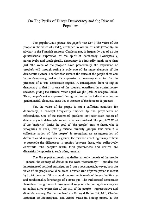(PDF) On The Perils of Direct Democracy and the Rise of Populism
