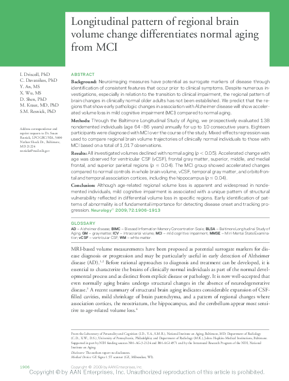 (PDF) Longitudinal pattern of regional brain volume change ...