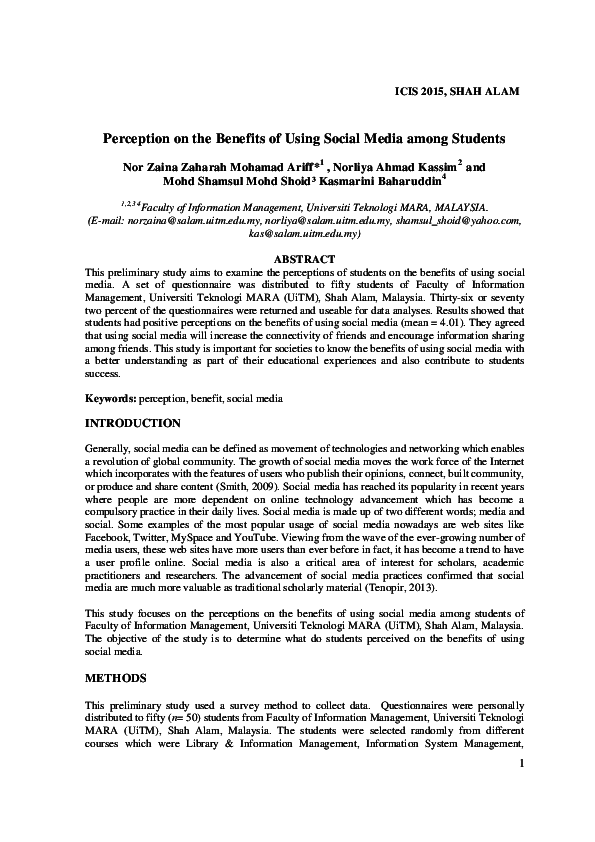 (PDF) Perceptions on the Benefits of Using Social Media among Students