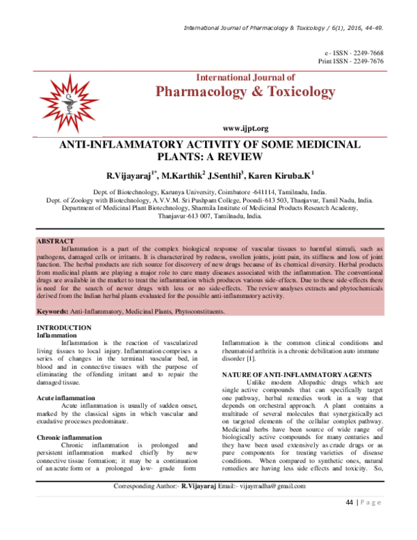  PDF ANTI INFLAMMATORY ACTIVITY OF SOME MEDICINAL PLANTS A REVIEW 