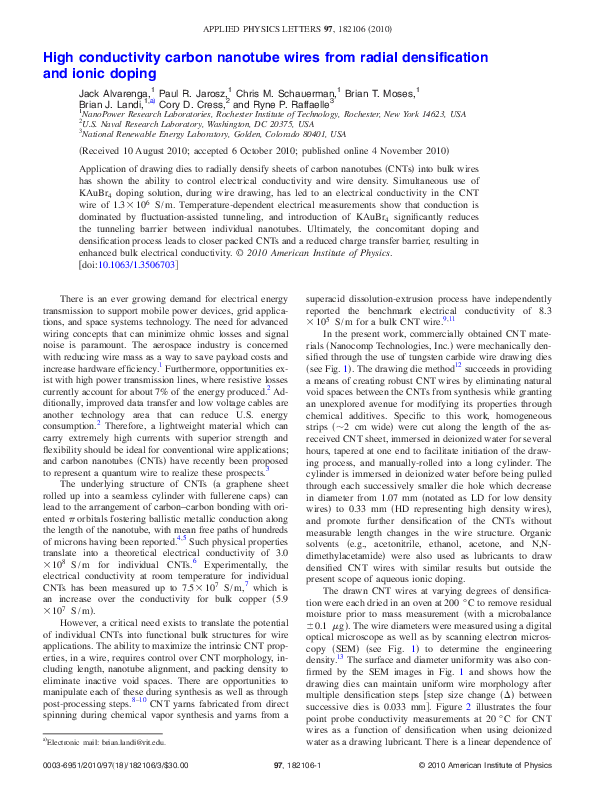 (PDF) High conductivity carbon nanotube wires from radial densification ...