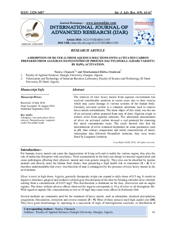 (PDF) ADSORPTION OF SILVER (I) FROM AQUEOUS SOLUTIONS ONTO ACTIVATED ...
