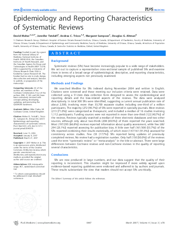 (PDF) Epidemiology and Reporting Characteristics of Systematic Reviews