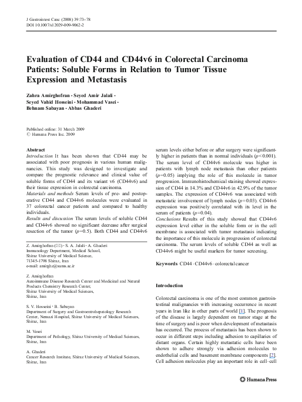 (PDF) Evaluation of CD44 and CD44v6 in Colorectal Carcinoma Patients ...