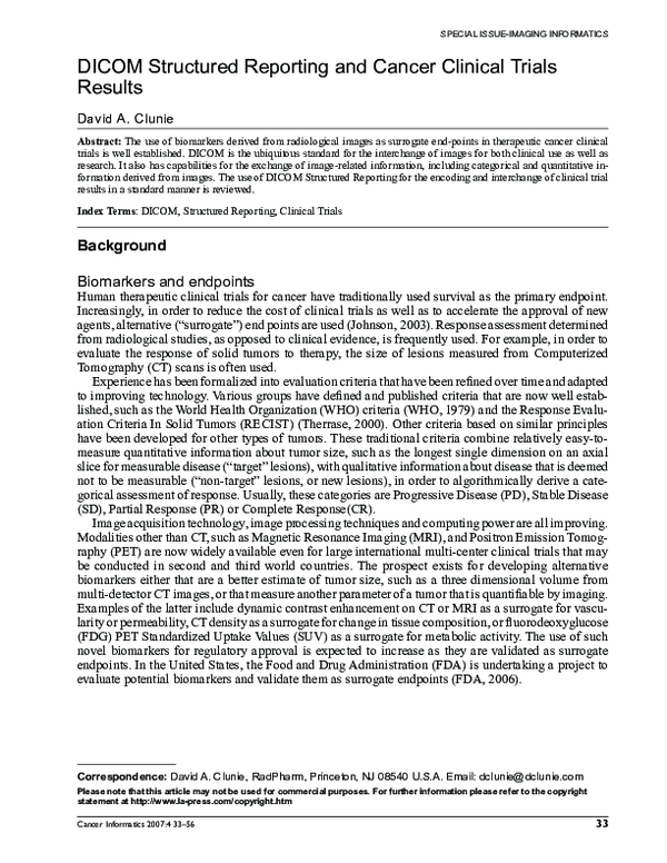 (PDF) DICOM structured reporting and cancer clinical trials results