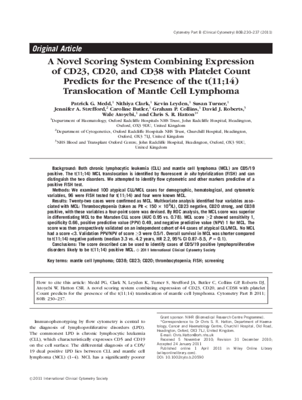 Pdf A Novel Scoring System Combining Expression Of Cd23 Cd And Cd38 With Platelet Count Predicts For The Presence Of The T 11 14 Translocation Of Mantle Cell Lymphoma Caroline Butler And Chris