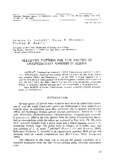 (PDF) Allozyme pattern for new record of Craspedacusta sowerbii in Serbia