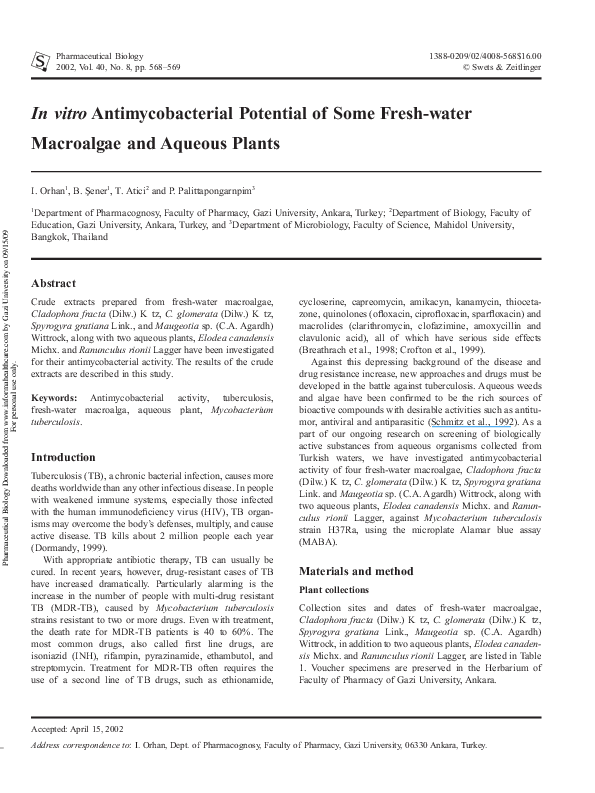 (PDF) In vitro Antimycobacterial Potential of Some Fresh-water ...