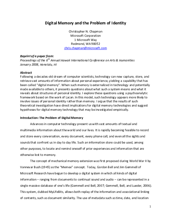 (PDF) Digital memory and the problem of identity
