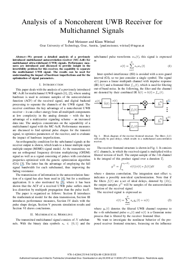 (PDF) Analysis of a Noncoherent UWB Receiver for Multichannel Signals