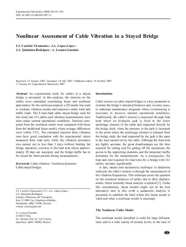 (PDF) Nonlinear Assessment of Cable Vibration in a Stayed Bridge