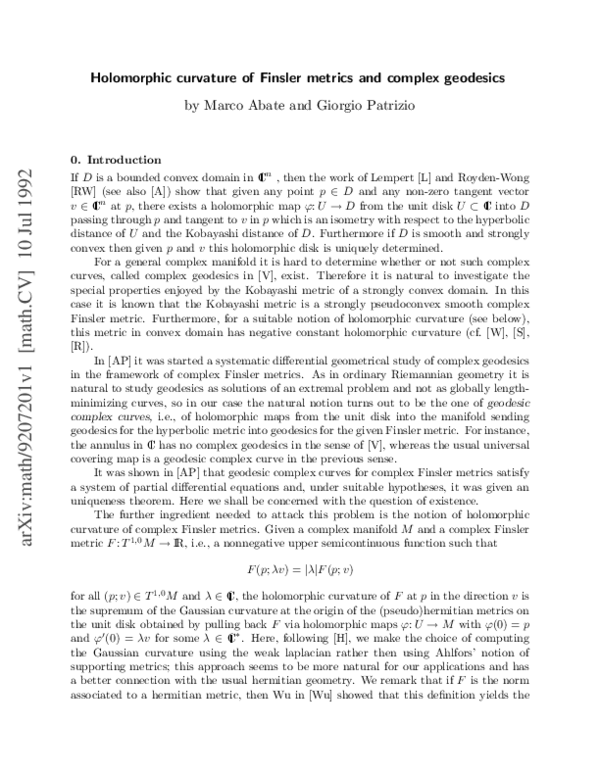 (PDF) Holomorphic curvature of Finsler metrics and complex geodesics