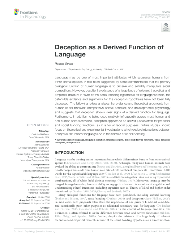 (PDF) Deception as a derived function of language
