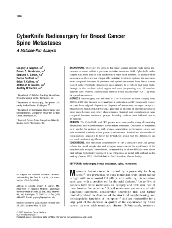 (PDF) Cyberknife radiosurgery for breast cancer spine metastases A
