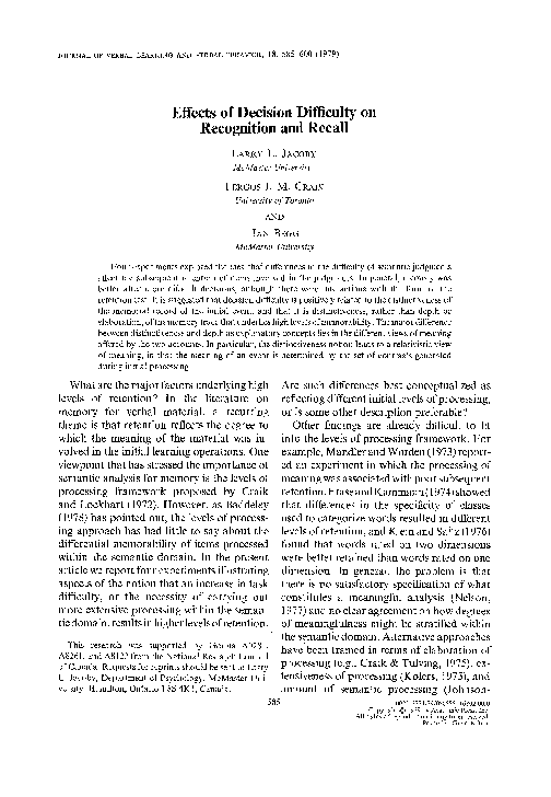 (PDF) Effects of decision difficulty on recognition and recall