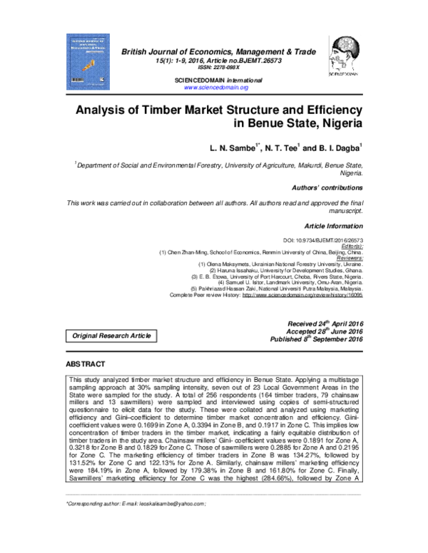 (PDF) Analysis of Timber Market Structure and Efficiency in Benue State, Nigeria Leoskali