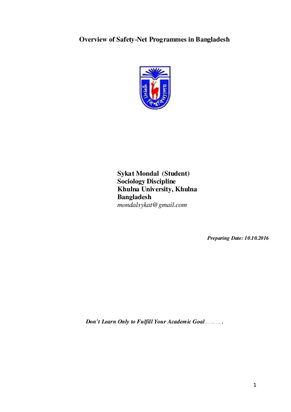  PDF Overview Of Safety Net Programmes In Bangladesh Sykat Mondal 
