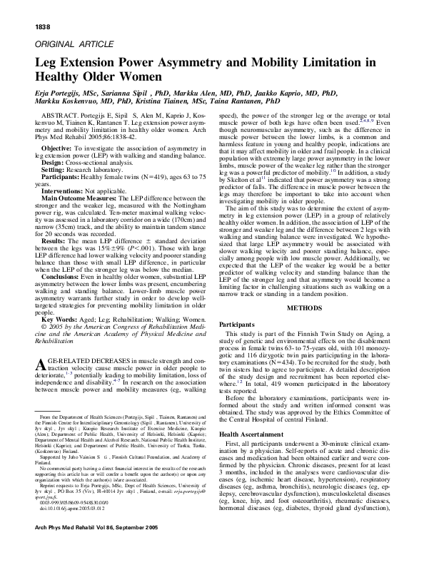 (PDF) Leg Extension Power Asymmetry and Mobility Limitation in Healthy