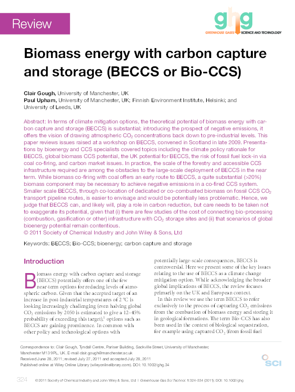 (PDF) Biomass energy with carbon capture and storage (BECCS or Bio‐CCS)