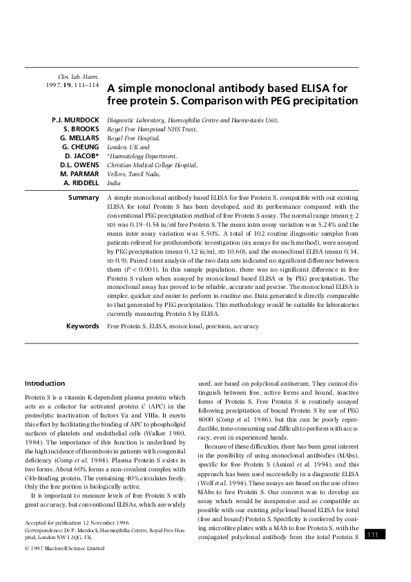 (PDF) A simple monoclonal antibody based ELISA for free protein S ...