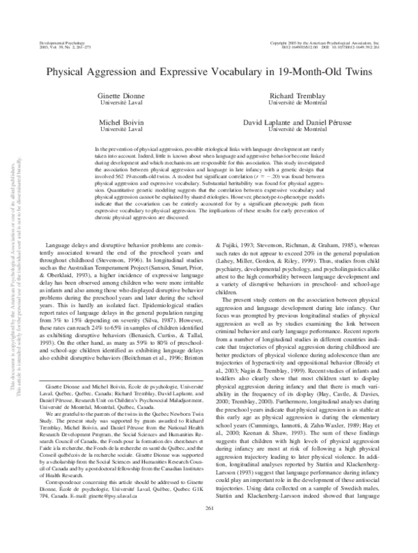 (PDF) Physical Aggression and Expressive Vocabulary in 19-Month-Old Twins