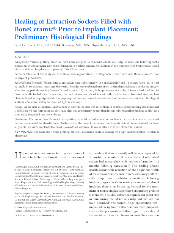 (PDF) Healing of Extraction Sockets Filled with BoneCeramic® Prior to ...