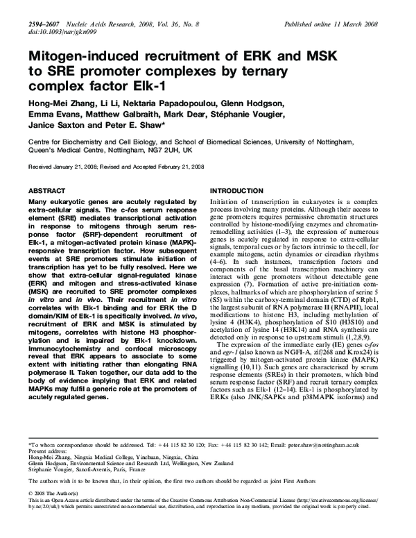 (PDF) Mitogen-induced recruitment of ERK and MSK to SRE promoter ...