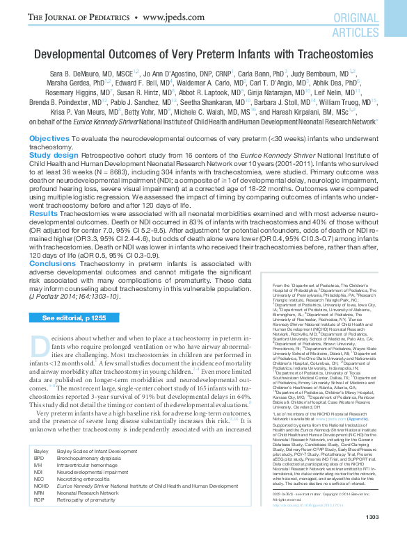 (PDF) Developmental Outcomes of Very Preterm Infants with Tracheostomies