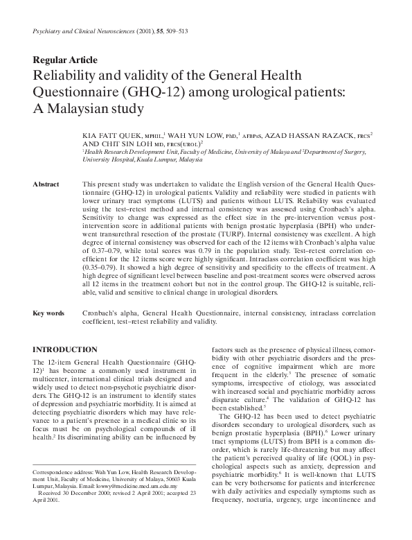 (PDF) Reliability and validity of the General Health Questionnaire ...