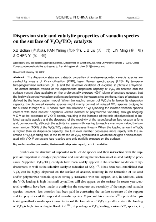 (PDF) Dispersion state and catalytic properties of vanadia species on ...