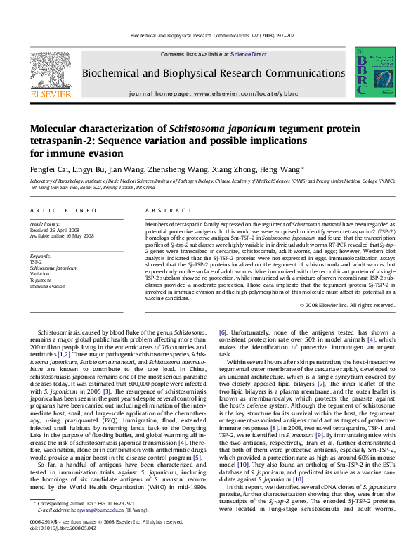 (PDF) Molecular characterization of Schistosoma japonicum tegument ...