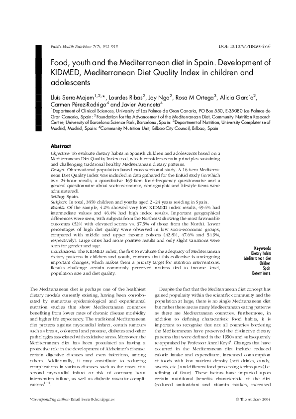 (PDF) Food, youth and the Mediterranean diet in Spain. Development of