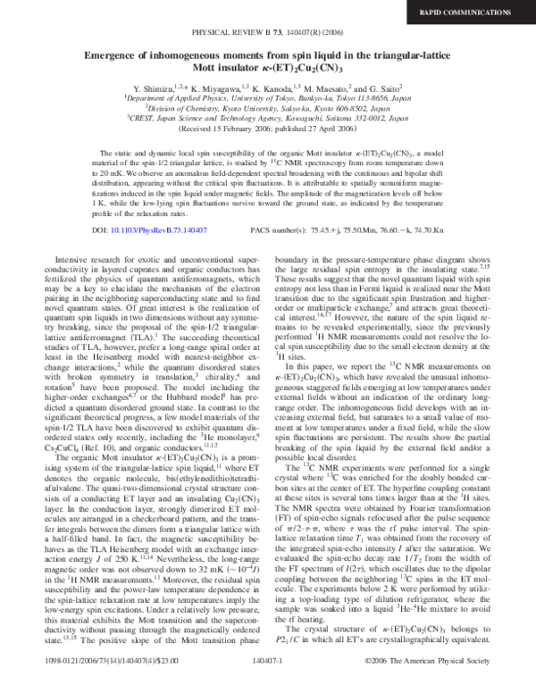 (PDF) Inhomogeneous Spin State in a Spin Liquid on a Triangular Lattice ...