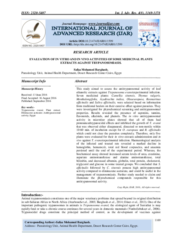 (PDF) EVALUATION OF IN VITRO AND IN VIVO ACTIVITIES OF SOME MEDICINAL ...