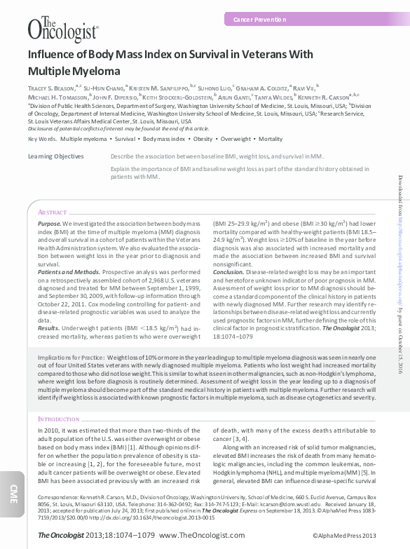 (PDF) Influence of Body Mass Index on Survival in Veterans With ...