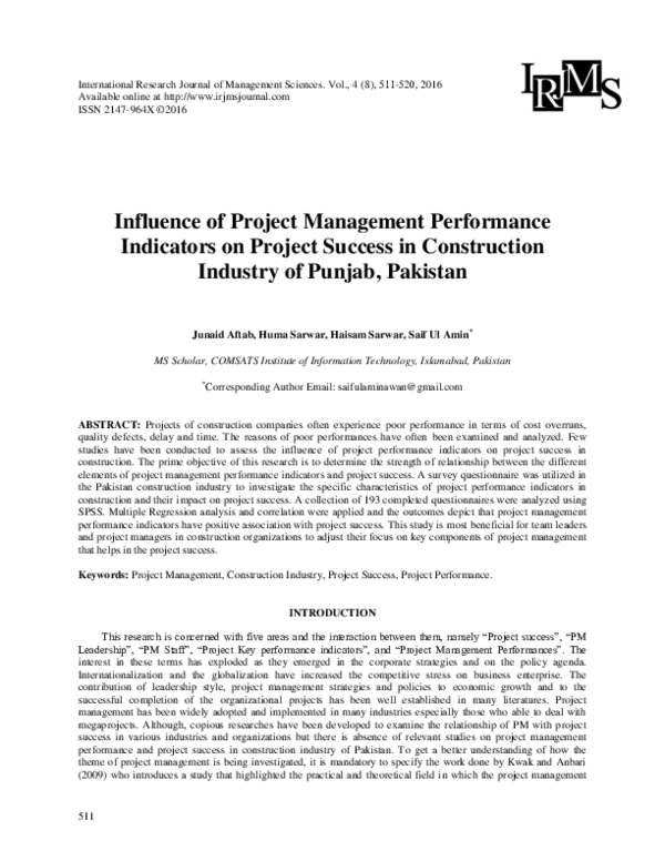 (PDF) Influence of Project Management Performance Indicators on Project ...