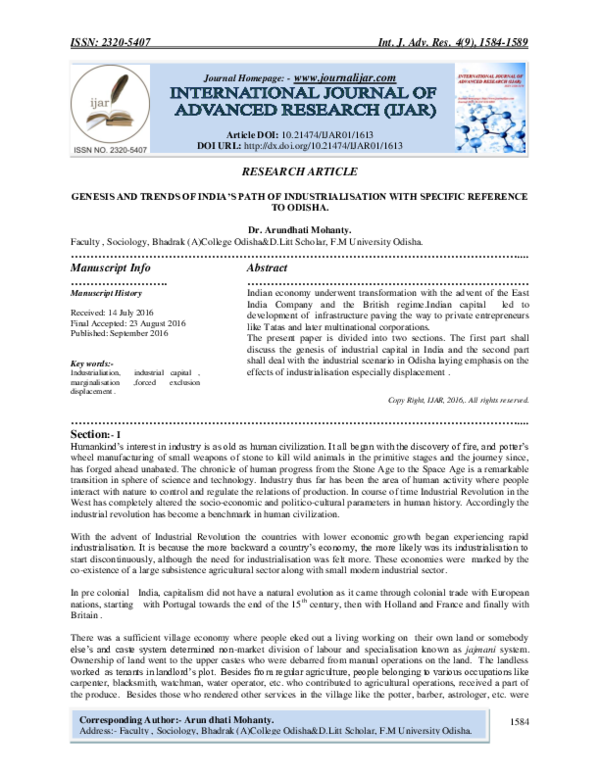 (PDF) GENESIS AND TRENDS OF INDIA’S PATH OF INDUSTRIALISATION WITH