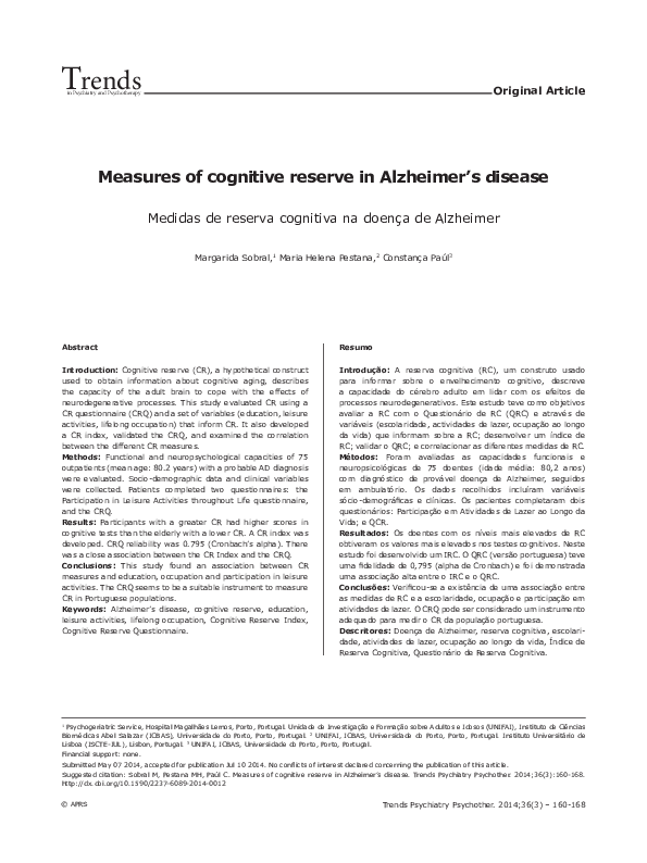 (PDF) Measures of cognitive reserve in Alzheimer's disease